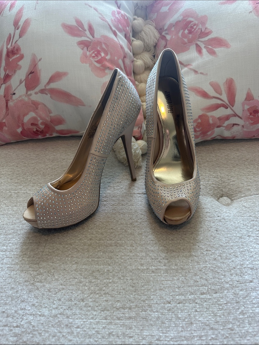 Jennifer Lopez Nude Crystal Peep-Toe Stiletto Heels